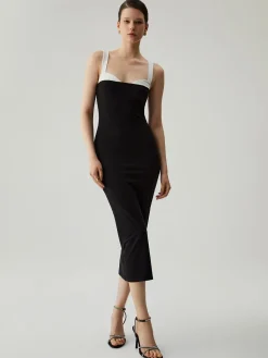 COMMENSE Bodycon Patchwork Sweetheart Collar Cami Midi Dress* Black Dresses|Vacation Dresses