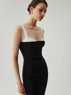 COMMENSE Bodycon Patchwork Sweetheart Collar Cami Midi Dress* Black Dresses|Vacation Dresses