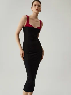COMMENSE Bodycon Patchwork Sweetheart Collar Cami Midi Dress* Black Dresses|Vacation Dresses