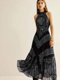 COMMENSE Boheme Sleeveless Pleated Dress With Belt* Black Dresses|Casual Dresses