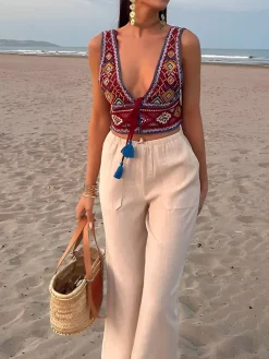 COMMENSE Boho Embroidery Knotted Cami Top* Tank Tops & Camis|Tops