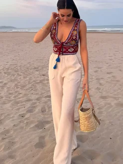 COMMENSE Boho Embroidery Knotted Cami Top* Tank Tops & Camis|Tops