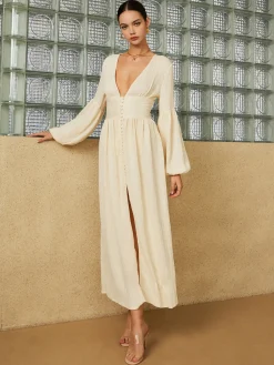 COMMENSE Boho Lantern Sleeve Button-Front Long Split Dress* White Dresses|Casual Dresses