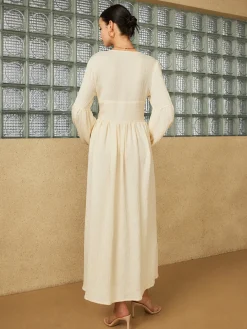 COMMENSE Boho Lantern Sleeve Button-Front Long Split Dress* White Dresses|Casual Dresses