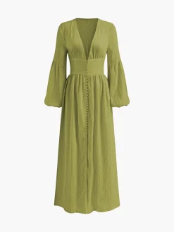 COMMENSE Boho Lantern Sleeve Button-Front Long Split Dress* White Dresses|Casual Dresses
