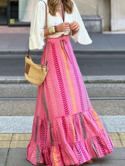COMMENSE Boho Printed Drawstring Ruffle Skirt* Skirts|Bottoms