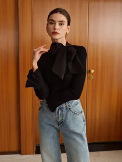 COMMENSE Bow Decor Bell Sleeve Knit Top* Sweater Tops|Sweaters & Cardigans