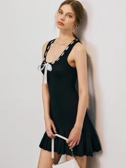 COMMENSE Bow Decor Pleated Short Dress* Black Dresses|Sweater Dresses