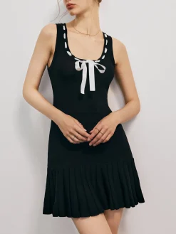 COMMENSE Bow Decor Pleated Short Dress* Black Dresses|Sweater Dresses