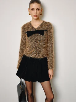 COMMENSE Bow Decor Purl Short Blouse* Tops