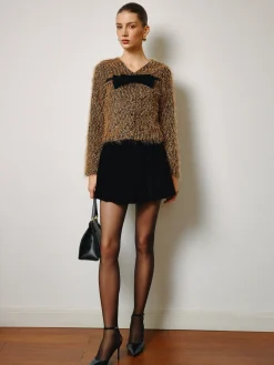 COMMENSE Bow Decor Purl Short Blouse* Tops