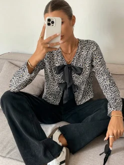 COMMENSE Bow Front Leopard Printed Jersey Blouse* Blouses & Shirts|Tops
