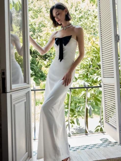 COMMENSE Bow Front Strapless Split Long Dress* White Dresses|Cocktail & Party Dresses