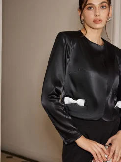 COMMENSE Bow-Decor Satin Short Blazer* Outerwear|Blazers