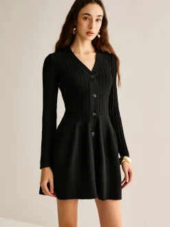 COMMENSE Breasted Flowy Sweater Short Dress* Black Dresses|Sweater Dresses