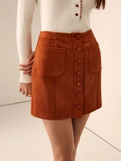 COMMENSE Breasted Pockets Faux Leather Skirt* Skirts|Matching Sets