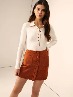 COMMENSE Breasted Pockets Faux Leather Skirt* Skirts|Matching Sets
