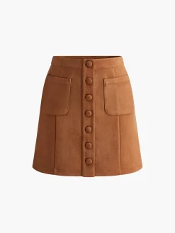 COMMENSE Breasted Pockets Faux Leather Skirt* Skirts|Matching Sets