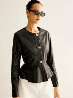 COMMENSE Breasted Ruffle Faux Leather Jacket* Outerwear|Jackets