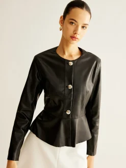 COMMENSE Breasted Ruffle Faux Leather Jacket* Outerwear|Jackets