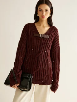 COMMENSE Buckle Belted Beaded Knit Top* Sweater Tops|Sweaters & Cardigans