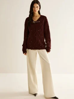 COMMENSE Buckle Belted Beaded Knit Top* Sweater Tops|Sweaters & Cardigans