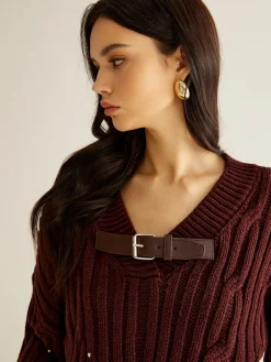 COMMENSE Buckle Belted Beaded Knit Top* Sweater Tops|Sweaters & Cardigans
