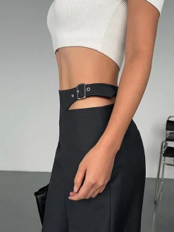 COMMENSE Buckle Belted Cutout Pants* Pants|Bottoms