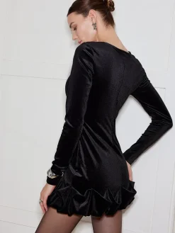 COMMENSE Bud-Waist Velvet Slim Dress* Black Dresses|Casual Dresses