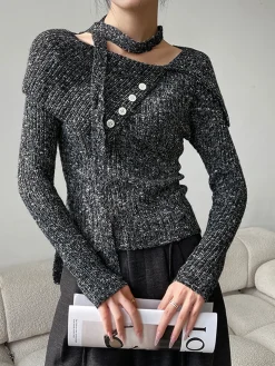 COMMENSE Button Decor Belted Sweater* Sweater Tops|Sweaters & Cardigans