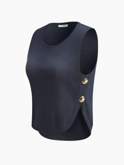 COMMENSE Button Decor Slit Sweater Vest* Sweater Vests|Sweaters & Cardigans