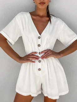COMMENSE Button Down Linen Cotton Jumpsuit* White Dresses|Jumpsuits & Rompers