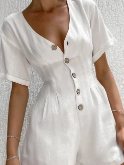 COMMENSE Button Down Linen Cotton Jumpsuit* White Dresses|Jumpsuits & Rompers