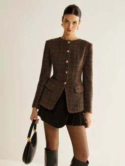 COMMENSE Button Down Slit Tweed Blazer* Outerwear|Blazers