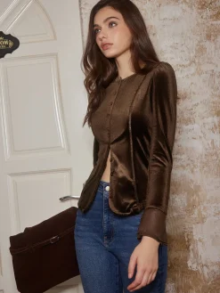 COMMENSE Button Down Velvet Slim Blouse* Blouses & Shirts