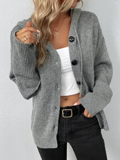 COMMENSE Button Drawstring Hooded Cardigan* Cardigans|Sweaters & Cardigans