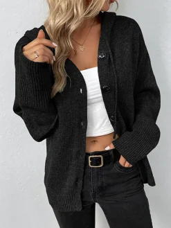 COMMENSE Button Drawstring Hooded Cardigan* Cardigans|Sweaters & Cardigans