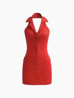 COMMENSE Button Front Backless Halter Dress* Casual Dresses|Work Dresses