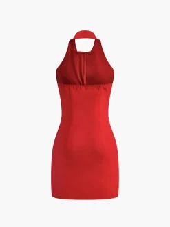 COMMENSE Button Front Backless Halter Dress* Casual Dresses|Work Dresses