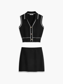COMMENSE Button Front Contrast Binding Sleeveless Skirt Set* Skirt Sets|Long Sleeve Sets