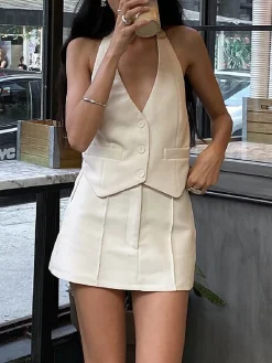 COMMENSE Button Front Halter Neck Backless Vest Blazer With Skirt Set* Skirt Sets|Long Sleeve Sets