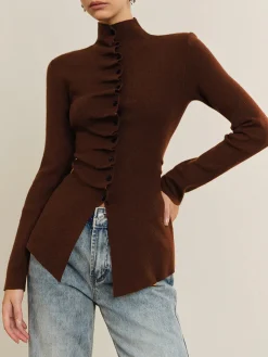 COMMENSE Button Pleated Split Knit Top* Sweater Tops|Sweaters & Cardigans