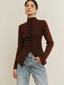 COMMENSE Button Pleated Split Knit Top* Sweater Tops|Sweaters & Cardigans