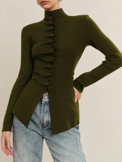 COMMENSE Button Pleated Split Knit Top* Sweater Tops|Sweaters & Cardigans
