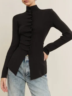COMMENSE Button Pleated Split Knit Top* Sweater Tops|Sweaters & Cardigans