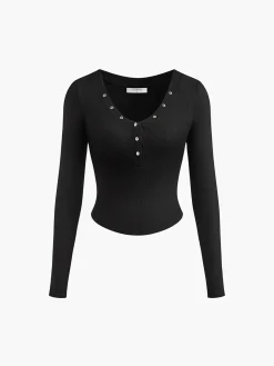 COMMENSE Button Ribbed Long Sleeve T-Shirt* T-shirts|Tops