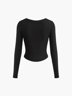 COMMENSE Button Ribbed Long Sleeve T-Shirt* T-shirts|Tops
