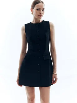 COMMENSE Button Solid Crew Neck Sleeveless Dress* Black Dresses|Casual Dresses