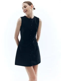 COMMENSE Button Solid Crew Neck Sleeveless Dress* Black Dresses|Casual Dresses