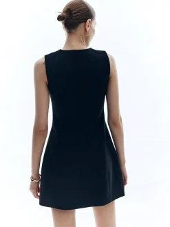 COMMENSE Button Solid Crew Neck Sleeveless Dress* Black Dresses|Casual Dresses